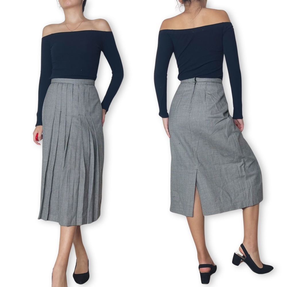 Vintage GIANNI Sport 100%  Wool Houndstooth Plaid Midi Pleated Skirt Size 4